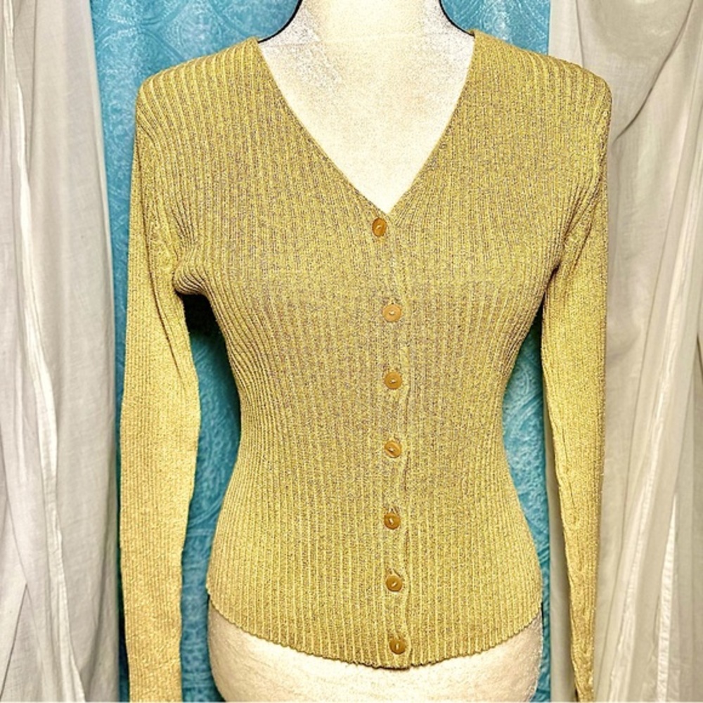 🌟 Vintage CLIO Silk Blend Metallic Shimmer Ribbed Button Down Cardigan